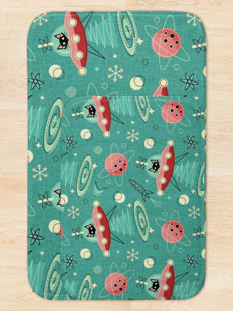 Disover My Kitty Drives a UFO / Atomic Space Cat ©studioxtine | Bath Mat