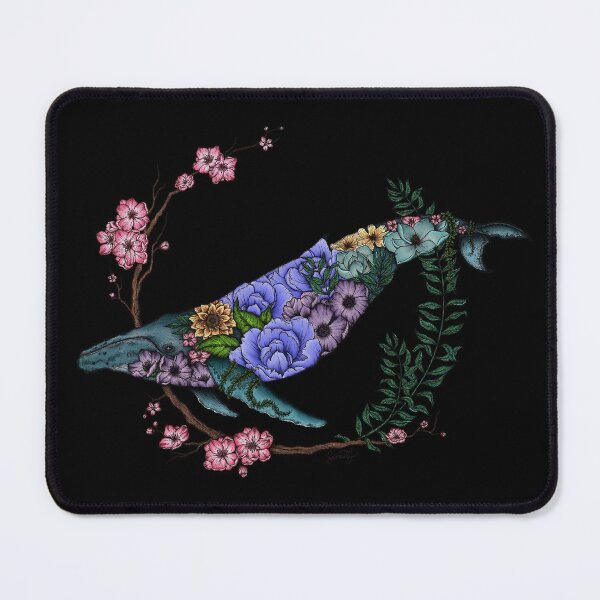 Floral Whale - Colour - Black Background Mouse Pad