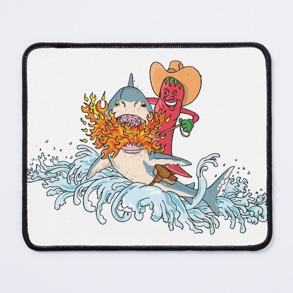 Item preview, Cowboy Hot Chili Pepper Riding a Shark Breathing Fire Jumping Up with Waves Vintage Tattoo Style designed and sold by patrimonio.