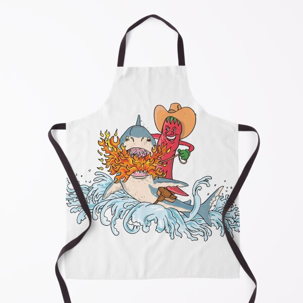 Item preview, Cowboy Hot Chili Pepper Riding a Shark Breathing Fire Jumping Up with Waves Vintage Tattoo Style designed and sold by patrimonio.
