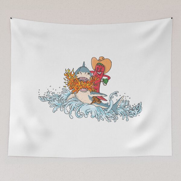 Item preview, Cowboy Hot Chili Pepper Riding a Shark Breathing Fire Jumping Up with Waves Vintage Tattoo Style designed and sold by patrimonio.