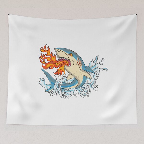 Item preview, Great White Shark Breathing Fire Jumping Up with Waves Vintage Tattoo Style designed and sold by patrimonio.