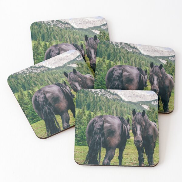 Item preview, Black Friesian Horses in a Mountain Pasture - Austria Alps Photography designed and sold by ppolecho.