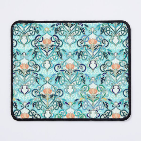 Item preview, Ocean Aqua Art Nouveau Pattern with Peach Flowers designed and sold by micklyn.