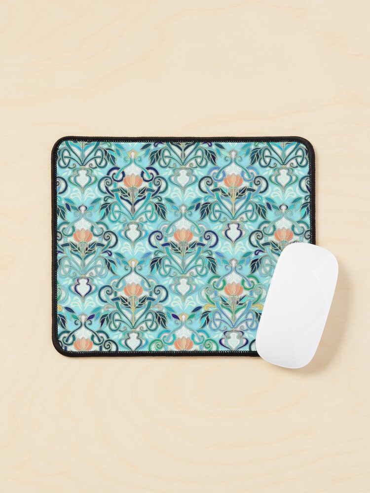 Ocean Aqua Art Nouveau Pattern with Peach Flowers