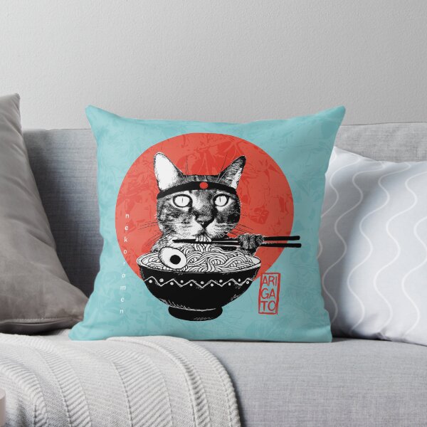 Neko Ramen - Arigato fond bleu turquoise Coussin