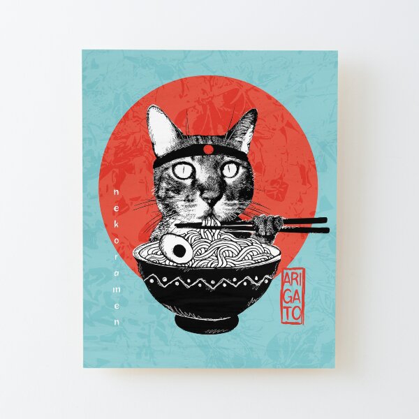Neko Ramen - Arigato fond bleu turquoise Impression montée sur bois