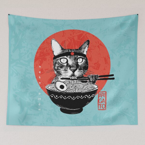 Item preview, Neko Ramen - Mister Meow Arigato, turquoise background designed and sold by courbebleue.