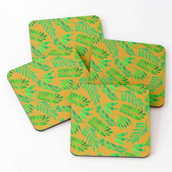 Item preview, Watercolor green leaves pattern on orange yellow background with black polka dots designed and sold by Marcia Motivos.