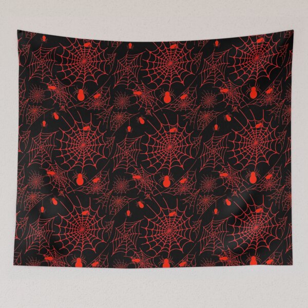 Item preview, Spiderweb pattern with spiders black background red illustration designed and sold by Marcia Motivos.