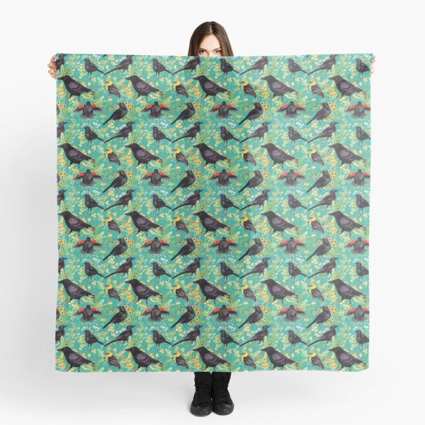 Blackbirds, Crows, and Flowers (Blue) Scarf