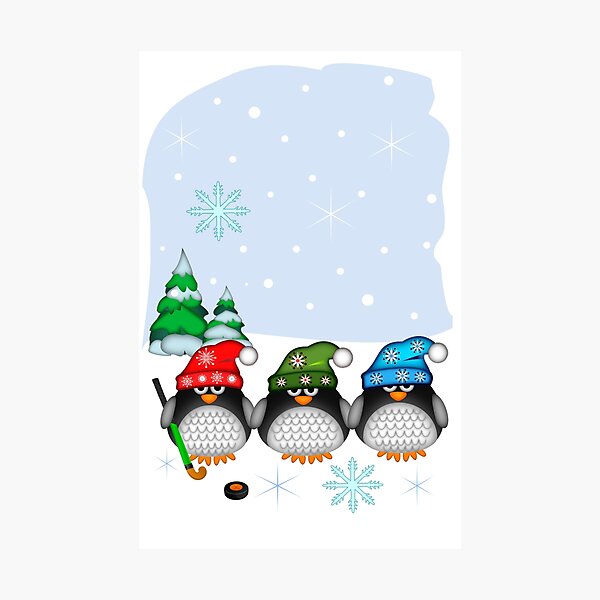 Item preview, Hockey Penguins with snowflakes hats in a snowy landscape designed and sold by walstraasart.