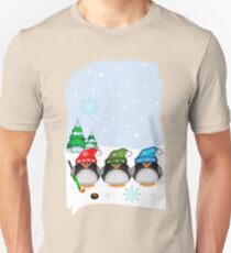 Hockey Penguins with snowflakes hats in a snowy landscape Unisex T-Shirt