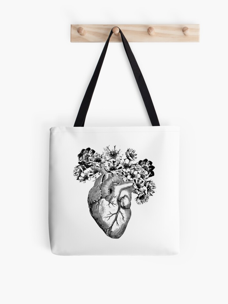 Bolsa de tela «Corazón humano en blanco y negro con corona de flores  anémonas» de Collagedream | Redbubble