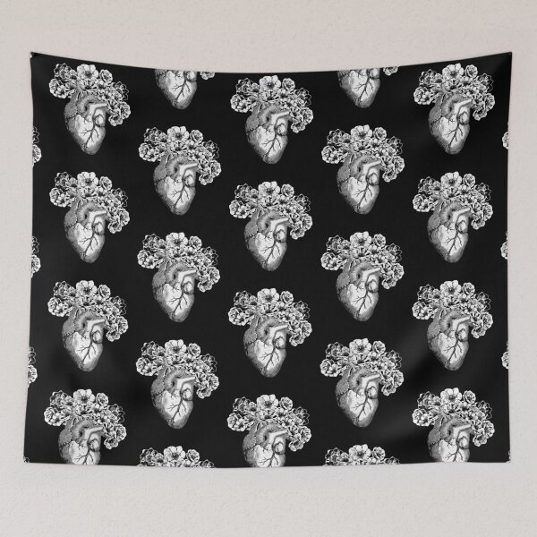 Item preview, Human heart black and white with crown flowers anemones designed and sold by Collagedream.