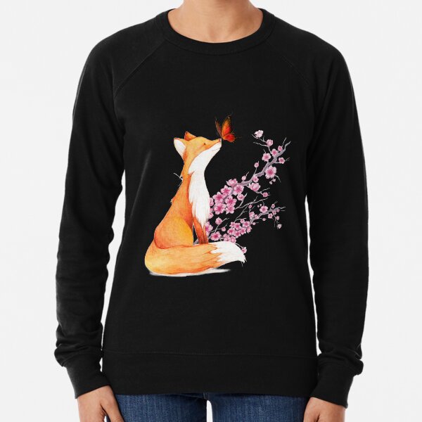 Fox Japanese Cherry Blossom Flower Vintage Gift Lightweight Sweatshirt