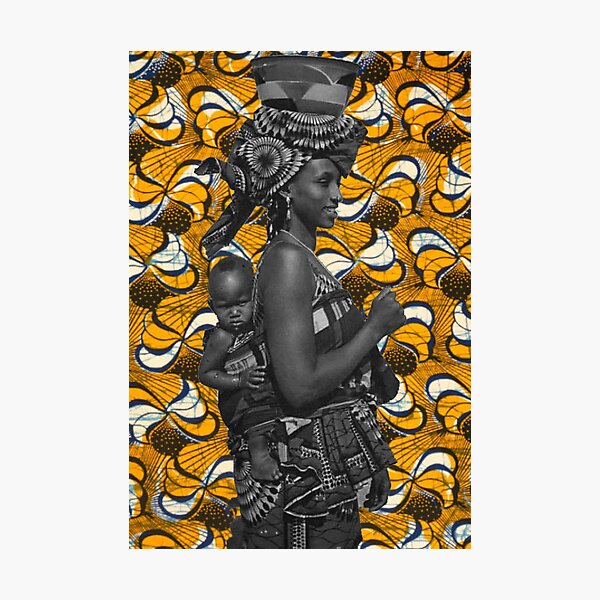 African mother with baby on her back art with African material Photographic Print