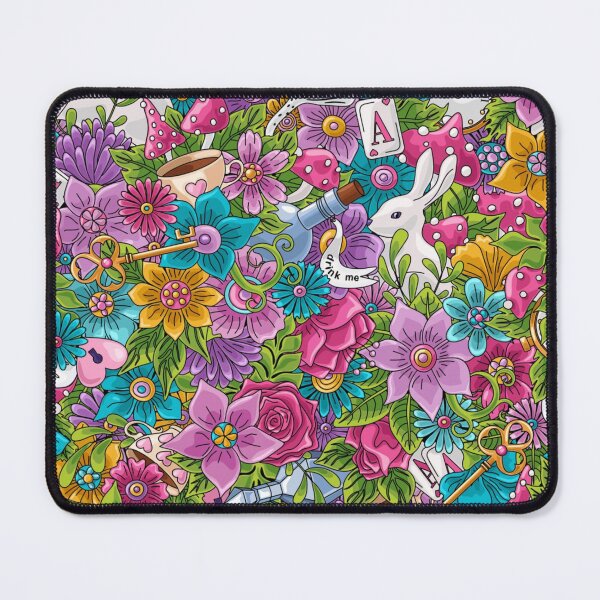 Item preview, Wonderland seamless pattern. Bright colored cartoon doodles hand drawn detailed, with lots of objects background. Flowers, white rabbit, cards, mushroom designed and sold by TeeFashionShop.