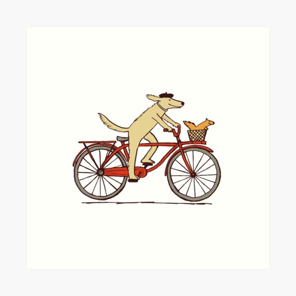 Dog and Squirrel are Friends | Whimsical Animal Art | Dog Riding a Bicycle Art Print