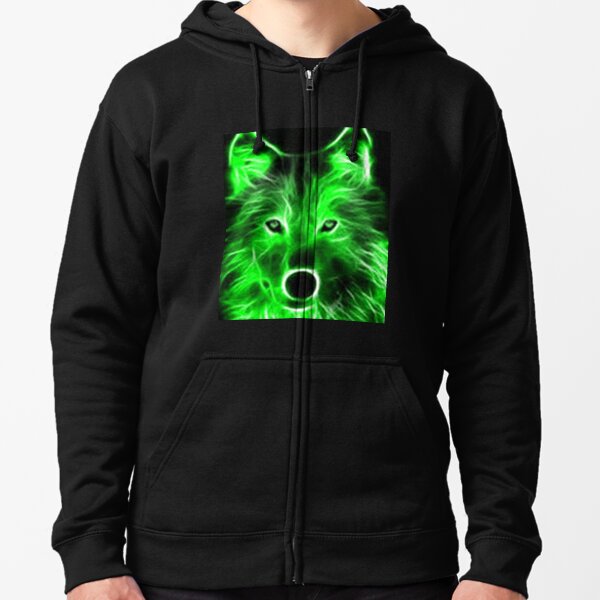 An amazing neon green wolf on a black background Zipped Hoodie