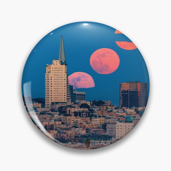 Item preview, Original fine art photo print featuring a blood orange moonrise timelapse with multiple moons above San Francisco Downtown landmarks viewed from Marina District in San Francisco, California, USA. designed and sold by SvetlanaSF.