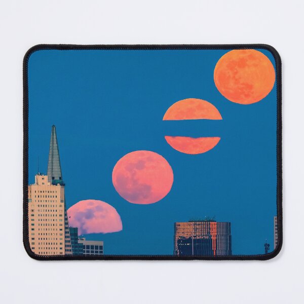 Item preview, Original fine art photo print featuring a blood orange moonrise timelapse with multiple moons above San Francisco Downtown landmarks viewed from Marina District in San Francisco, California, USA. designed and sold by SvetlanaSF.