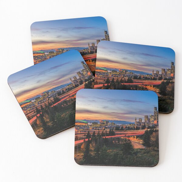 Item preview, Seattle downtown skyline beyond the I-5 I-90 freeway interchange at sunset with long exposure traffic trail lights from Dr. Jose Rizal or 12th Avenue South Bridge. designed and sold by SvetlanaSF.