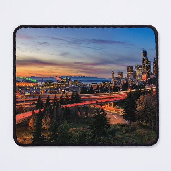 Item preview, Seattle downtown skyline beyond the I-5 I-90 freeway interchange at sunset with long exposure traffic trail lights from Dr. Jose Rizal or 12th Avenue South Bridge. designed and sold by SvetlanaSF.
