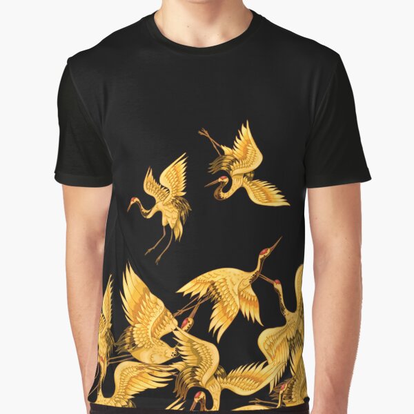 Golden Japanese Cranes Oriental Graphic T-Shirt
