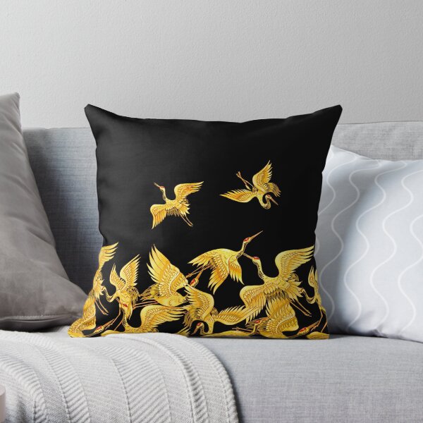 Golden Japanese Cranes Oriental Throw Pillow