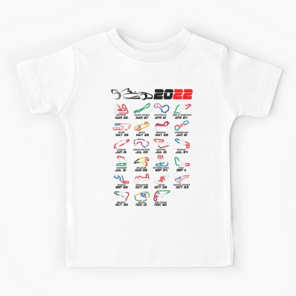 Calendrier Formule voitures de course 2022 circuits couleur blanc T-shirt enfant