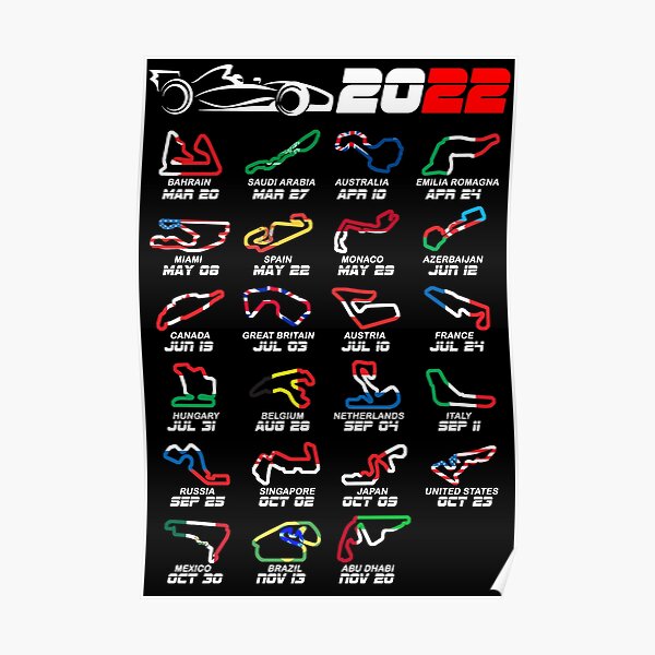 Calendar Formula race cars 2022 circuits colors Poster