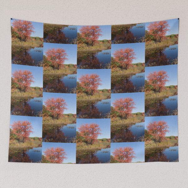 Item preview, Crisp Autumn Sunshine - Red Maple and Blue Pond designed and sold by Georgia Mizuleva.