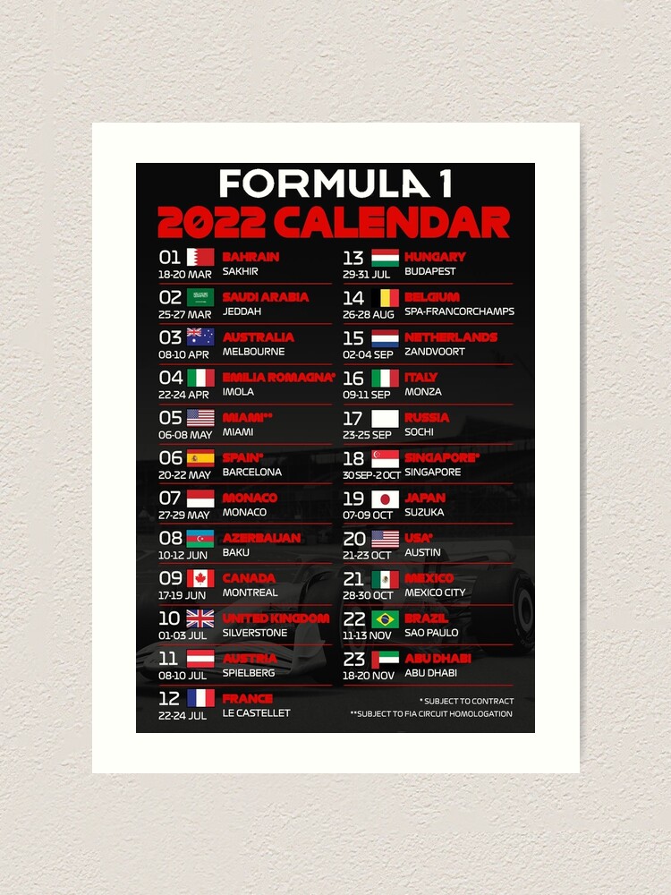 Formula 1 Austin Schedule 2022 F1 2022 Calendar All Circuit" Art Print By Thef1Racing | Redbubble