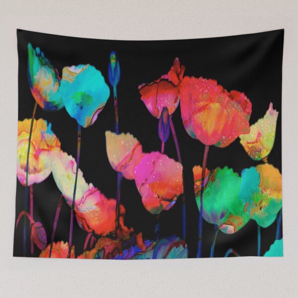 Item preview, abstract poppies on black background designed and sold by clemfloral.