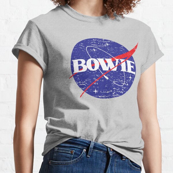 Vista previa del artículo con la obra «Logotipo de NASA Fusion en homenaje a Bowie», diseñado y vendido por Obscura Tee.