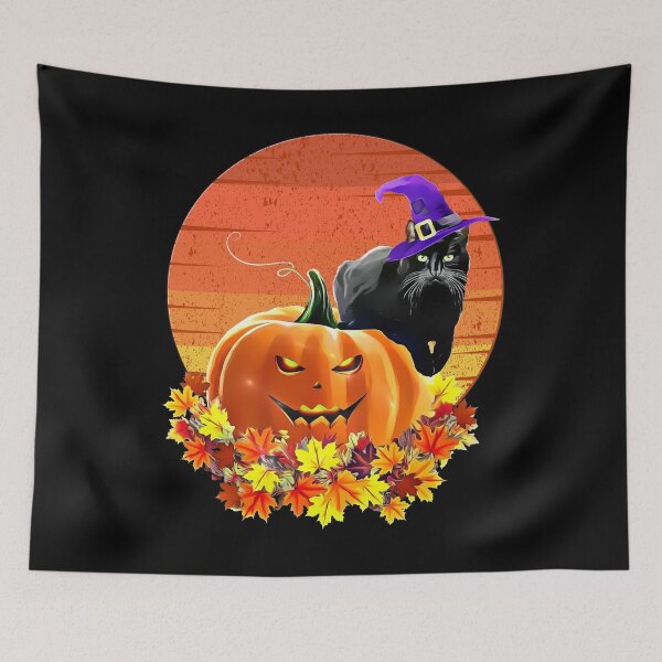 Item preview, Black cat with witch hat, catoween halloween, jack pumpkin, spooky moon designed and sold by Collagedream.