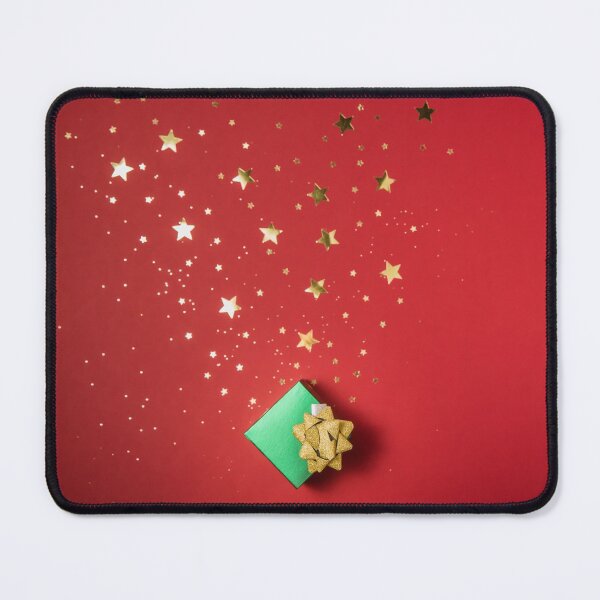 Item preview, Shiny green little gift on a red background with sparkles of gold stars designed and sold by Evgeniia Biriukova.