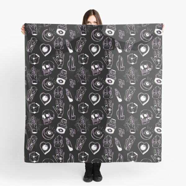 White on Black Magic Witchcraft Line Art Pattern Print Scarf
