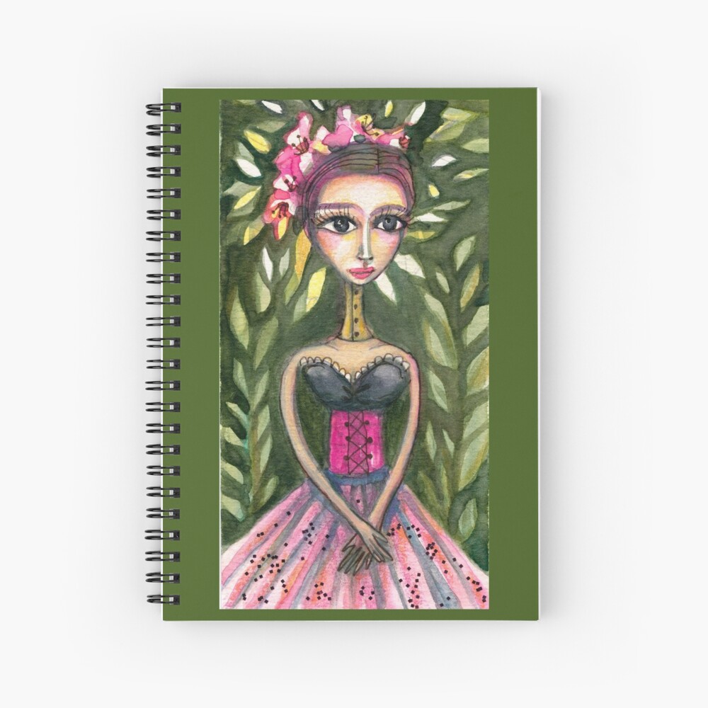 Frida Kahlo Green Portrait in Pink Corset and Foliage, Frida art, Meloearth Spiral Notebook