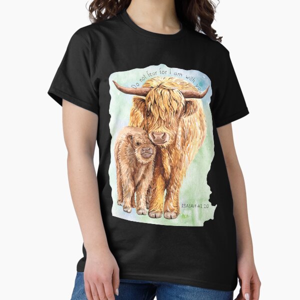 Vista previa del artículo con la obra «Highland Cow Mom and Baby - Isaías 41:10 Versículo bíblico, diseño cristiano», diseñado y vendido por TheKingdomAttic.