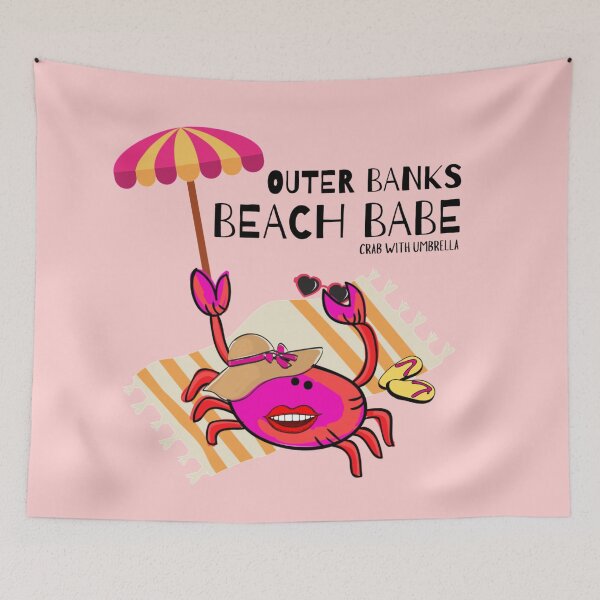 Item preview,  CUTE CARTOON FUCHSIA  RED PINK“OUTER BANKS BEACH BABE” CRAB WITH UMBRELLA designed and sold by EllieMonroe.