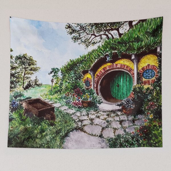 Item preview, Hobbiton in the Shire, Lord of the Rings Watercolor Artwork Painting designed and sold by arientss.