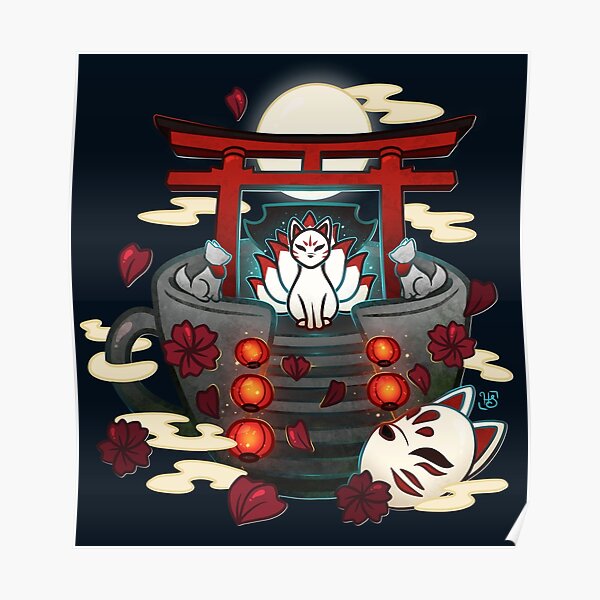 Moonlit Kitsune Shrine Teacup Poster