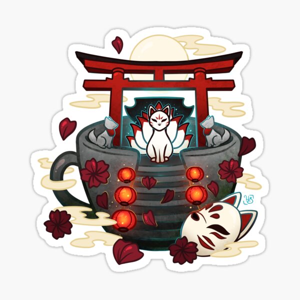 Moonlit Kitsune Shrine Teacup Sticker