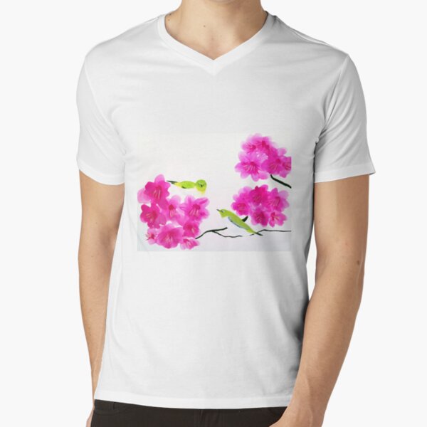 Japanese White Eye Birds V-Neck T-Shirt