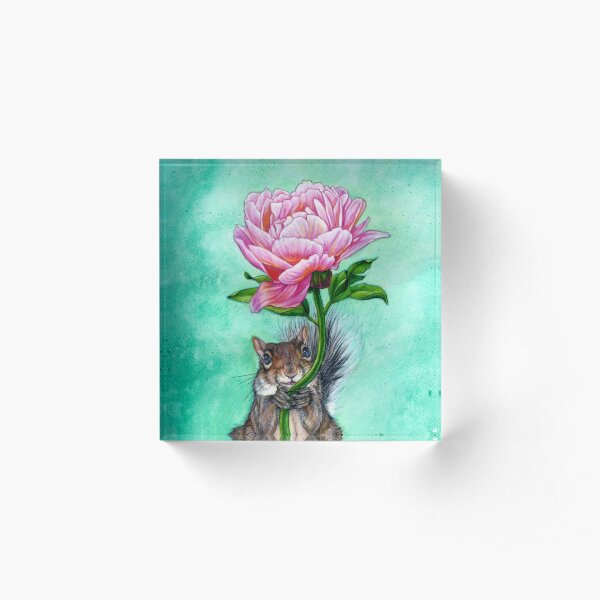 Squirrel Presenting Peony Acrylic Block