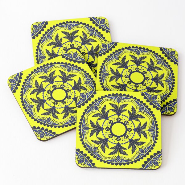 Item preview, Acanthus Mandala in Dark Blues on Yellow designed and sold by AlteredAtelier.