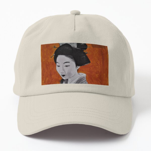 Geisha with Black Comb Hair on Orange & Map background Dad Hat