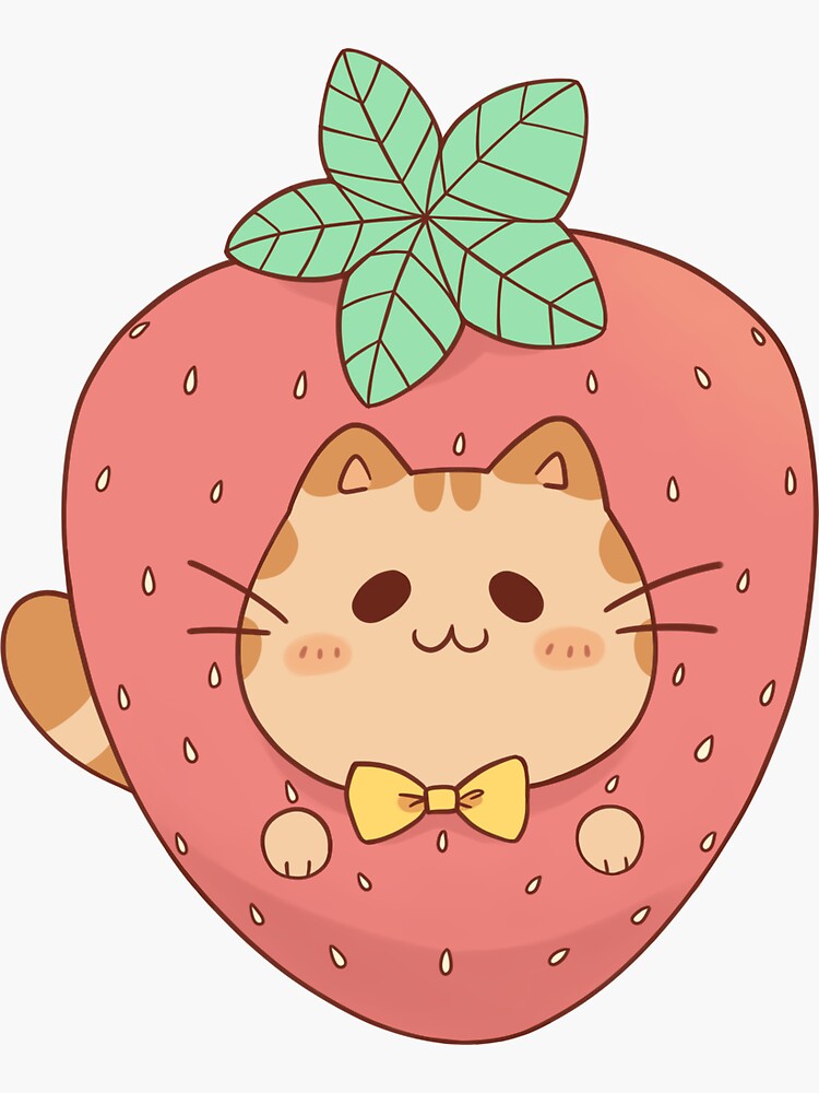 "Strawberry Cat Cute Orange Tabby Cat with Fruits" Sticker for Sale
